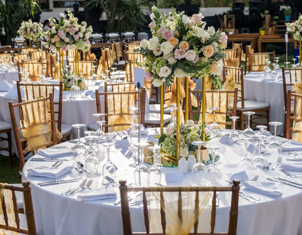 Wedding outdoor table set up. Garden wedding venue